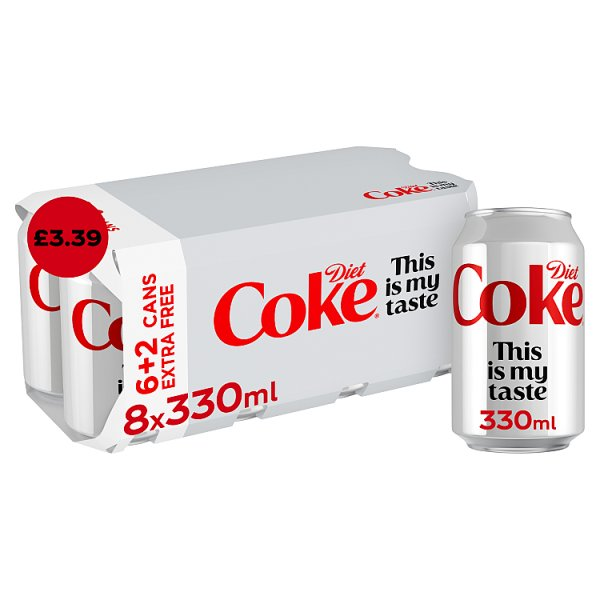 DIET COKE 8 X 330ML CANS (6 + 2 X 330ML EXTRA FREE) PM £3.39