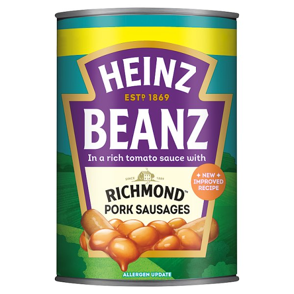 HEINZ BEANZ IN A RICH TOMATO SAUCE WITH RICHMOND PORK SAUSAGES 415G