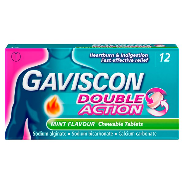 GAVISCON DOUBLE ACTION MINT FLAVOUR 12 CHEWABLE TABLETS