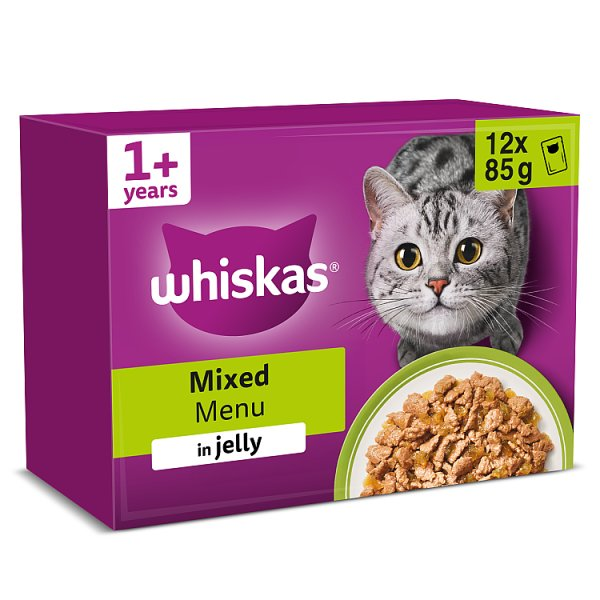 WHISKAS 1+ MIXED MENU ADULT WET CAT FOOD POUCHES IN JELLY 12 X 85G
