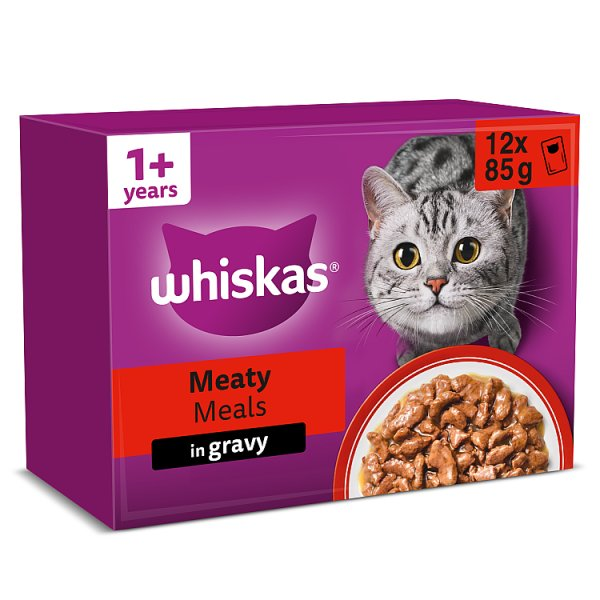 WHISKAS 1+ MEATY MEALS ADULT WET CAT FOOD POUCHES IN GRAVY 12 X 85G