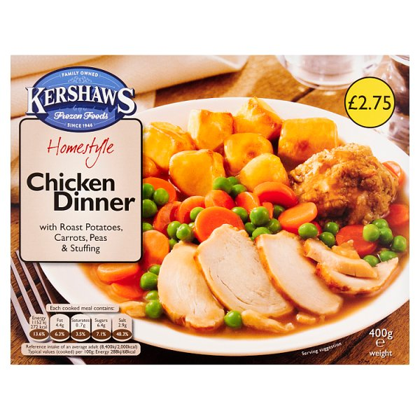 KERSHAWS HOMESTYLE CHICKEN DINNER WITH ROAST POTATOES, CARROTS, PEAS & STUFFING 400G