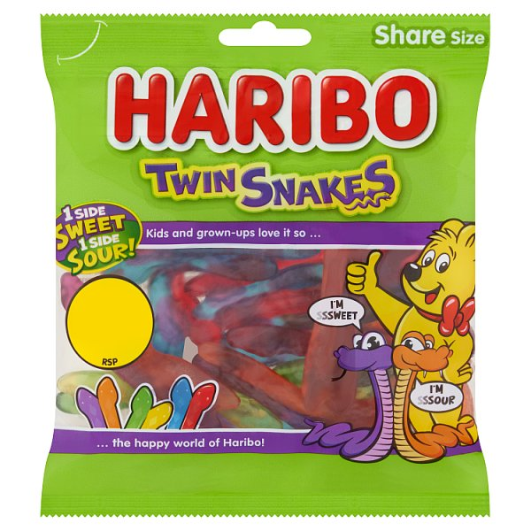 HARIBO TWIN SNAKES FRUIT FLAVOUR GUM JELLY SWEETS SHARING BAG 140G