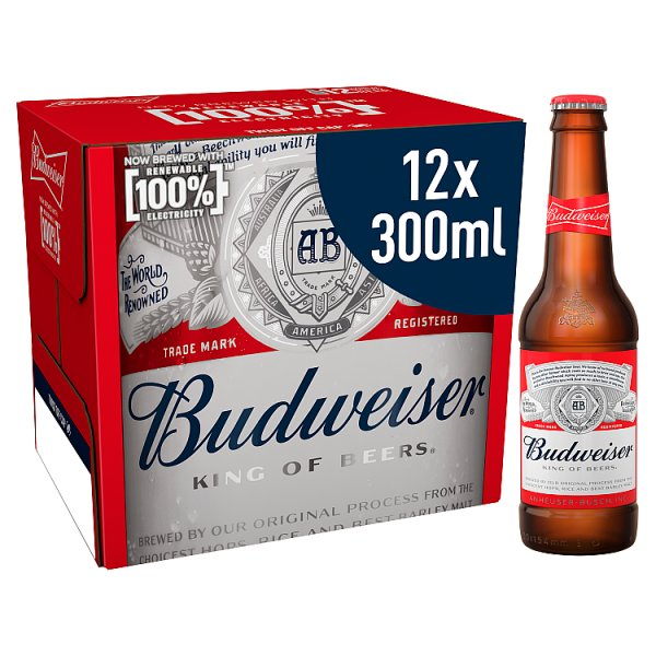 BUDWEISER LAGER BEER BOTTLES 12 X 300ML
