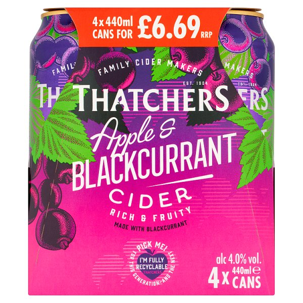 THATCHERS APPLE AND BLACKCURRANT CIDER 4 X 440ML
