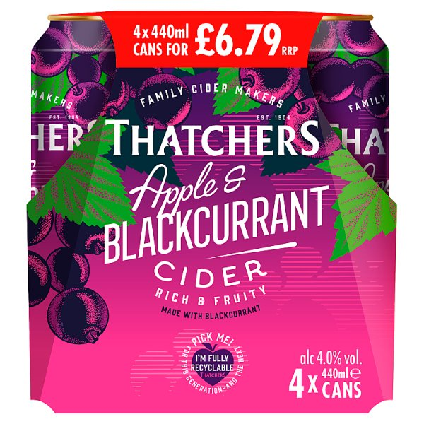 THATCHERS APPLE & BLACKCURRANT CIDER 4 X 440ML