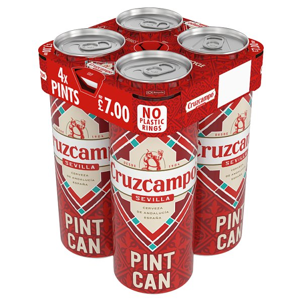 CRUZCAMPO SEVILLA LAGER BEER 4.4% ABV CAN 4X568ML PINT PMP £7.00