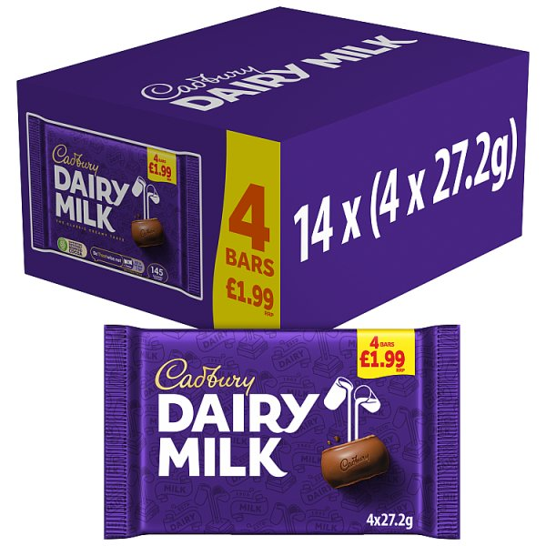 CADBURY DAIRY MILK CHOCOLATE BAR 4 PACK MULTIPACK £1.99 PMP 108.8G