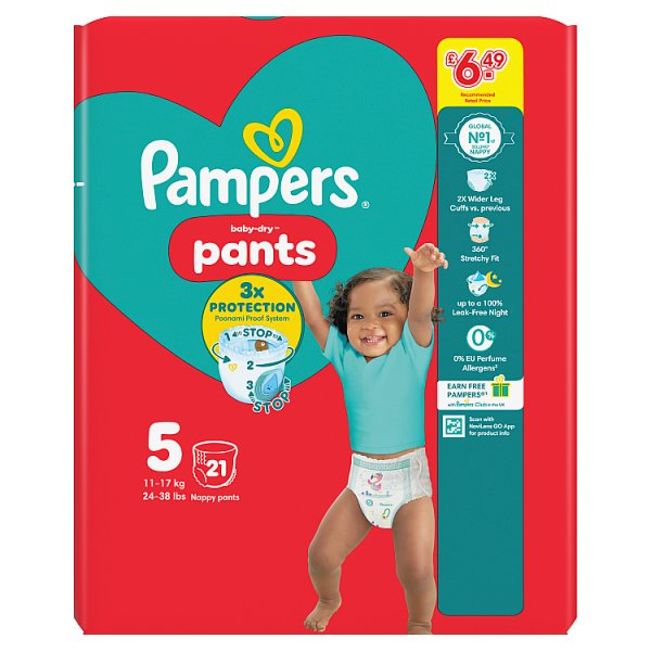 PAMPERS BABY-DRY NAPPY PANTS SIZE 5, 21 NAPPIES, 12KG-17KG