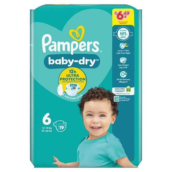PAMPERS BABY-DRY SIZE 6, 19 NAPPIES, 13KG-18KG, CARRY PACK