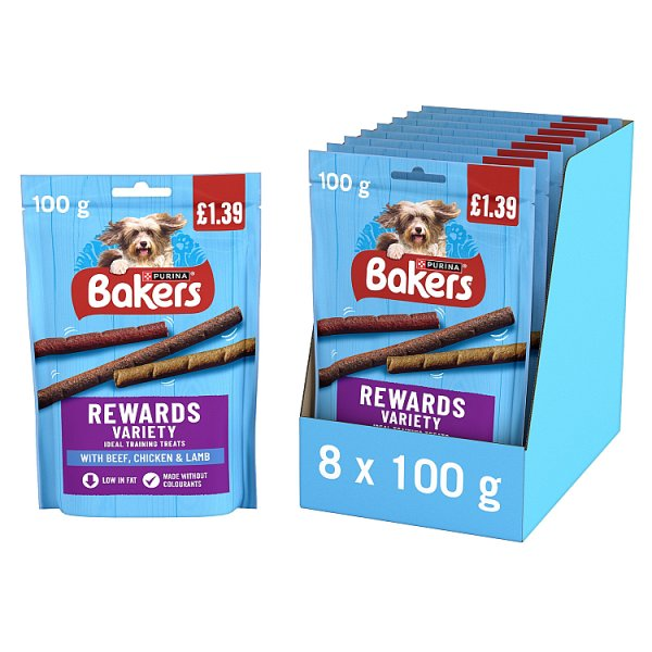BAKERS REWARDS BEEF, CHICKEN AND LAMB DOG TREATS 100G PMP